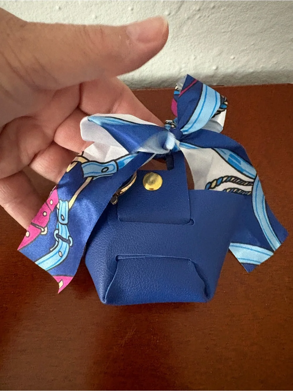 Blue Mini Leather Purse Charm/ Keychain with Scarf Accent